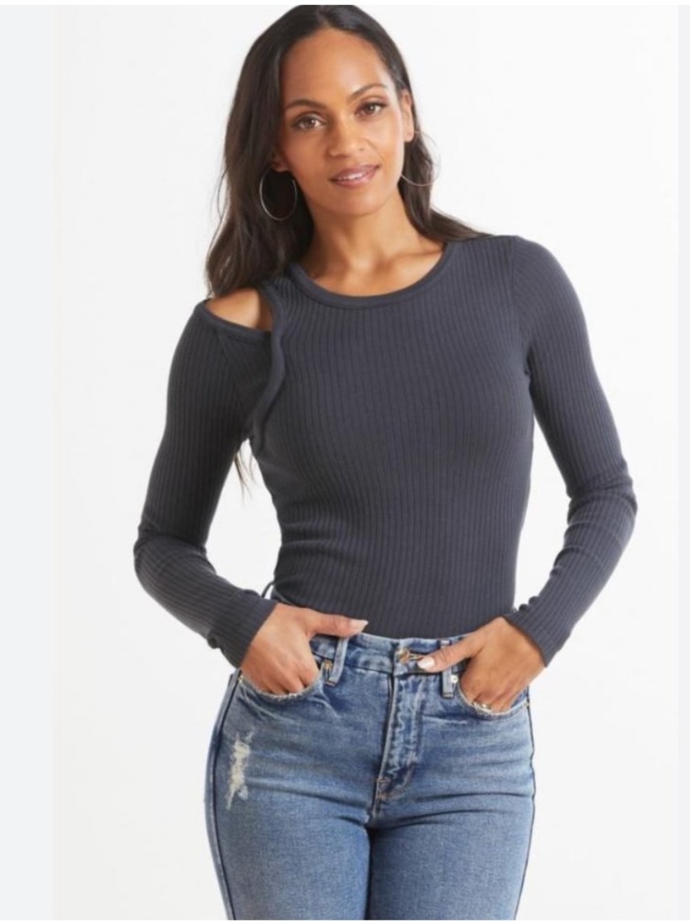 Citizens Of Humanity Charcoal Ribbed Long-Sleeve Top with Shoulder Cutout